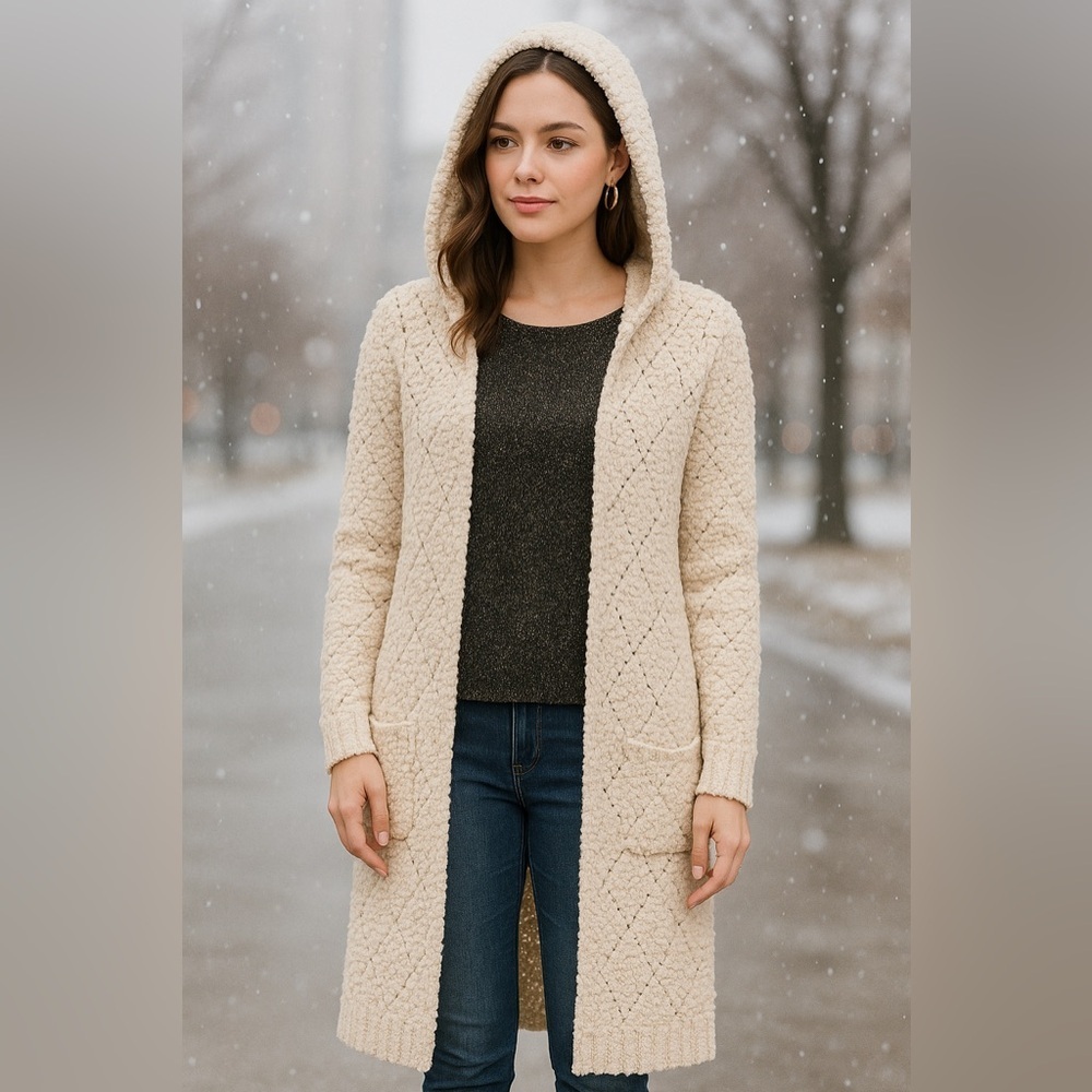 ✨ Sienna Sky Popcorn Knit Hooded Cardigan – XS – Cozy Neutral Longline Sweater ✨